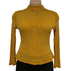 JASMINE SPORTSWEAR Women's Rhinestone Stretch Mesh Top Size 1X Gold Show Clothes